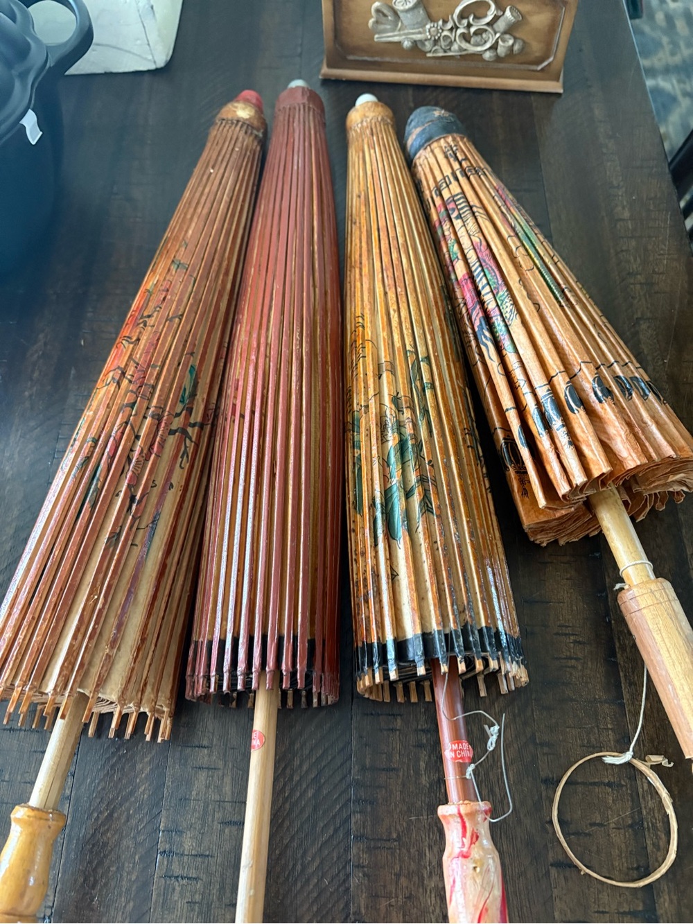 4 Asian Rice Paper Bamboo Parasol Umbrellas Vintage Antique Dragon,birds,florals